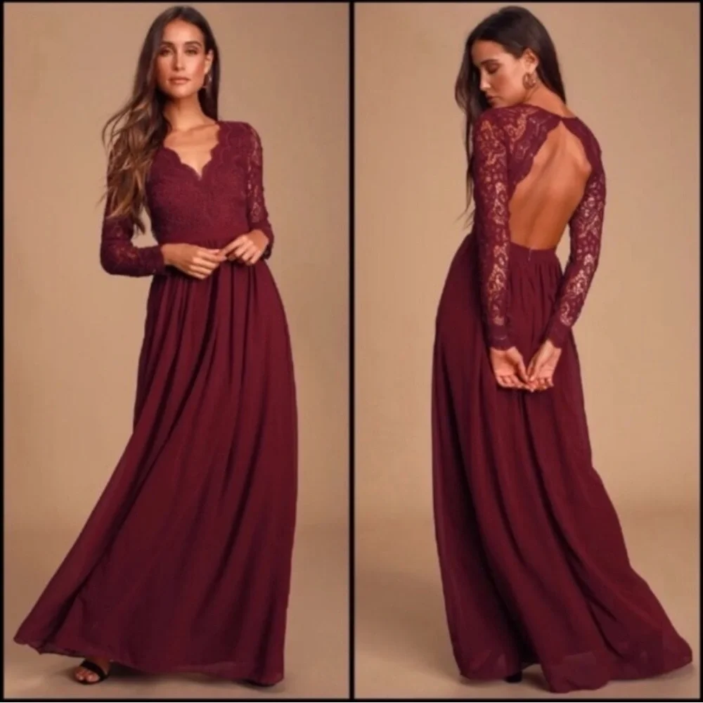 Lulu's Awaken My Love Burgundy Backless Long Sleeve Lace Gown Dress Size Small - Picture 1 of 10
